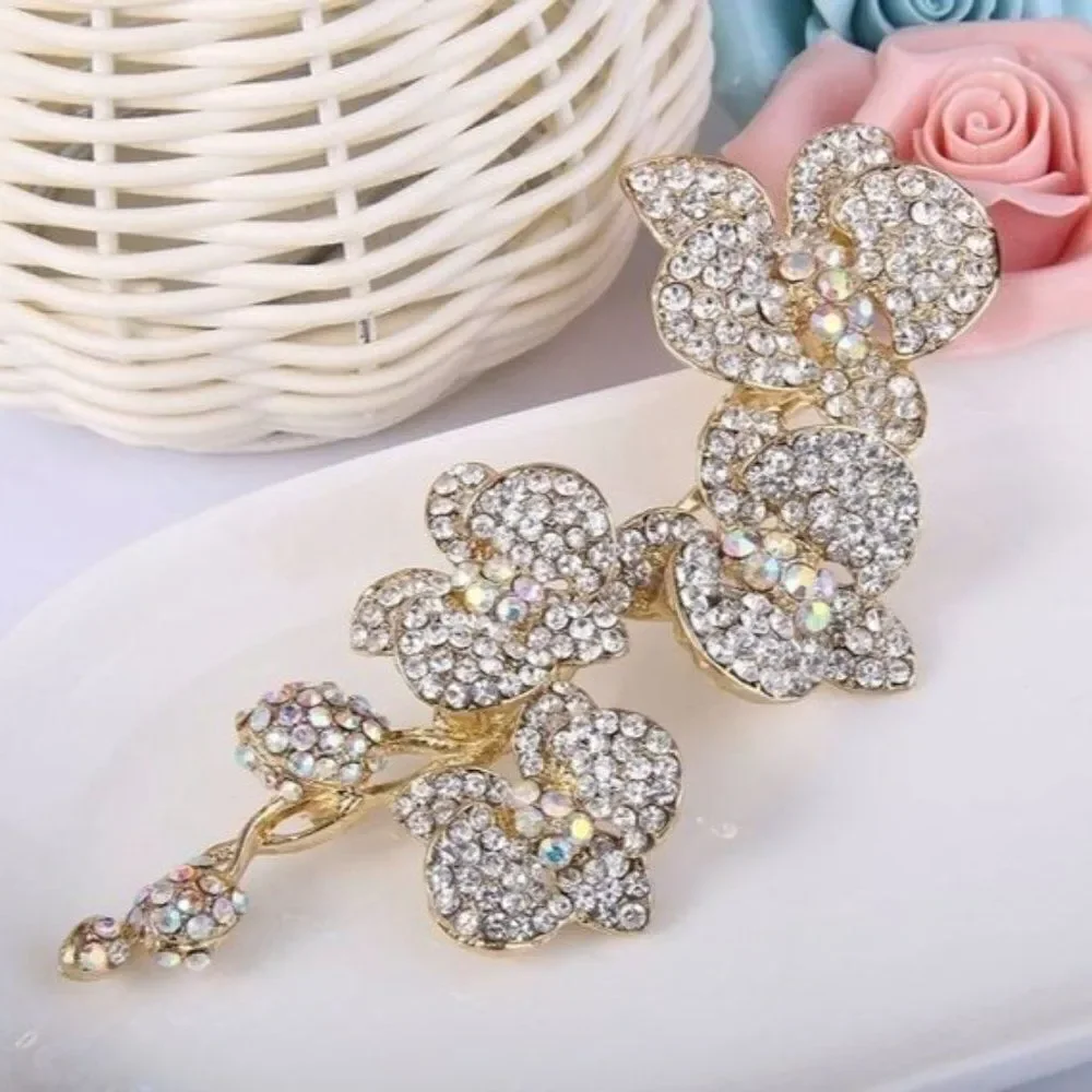 Long Yellow Gold with White Diamond Austrian Crystal Orchid Flower Brooch
